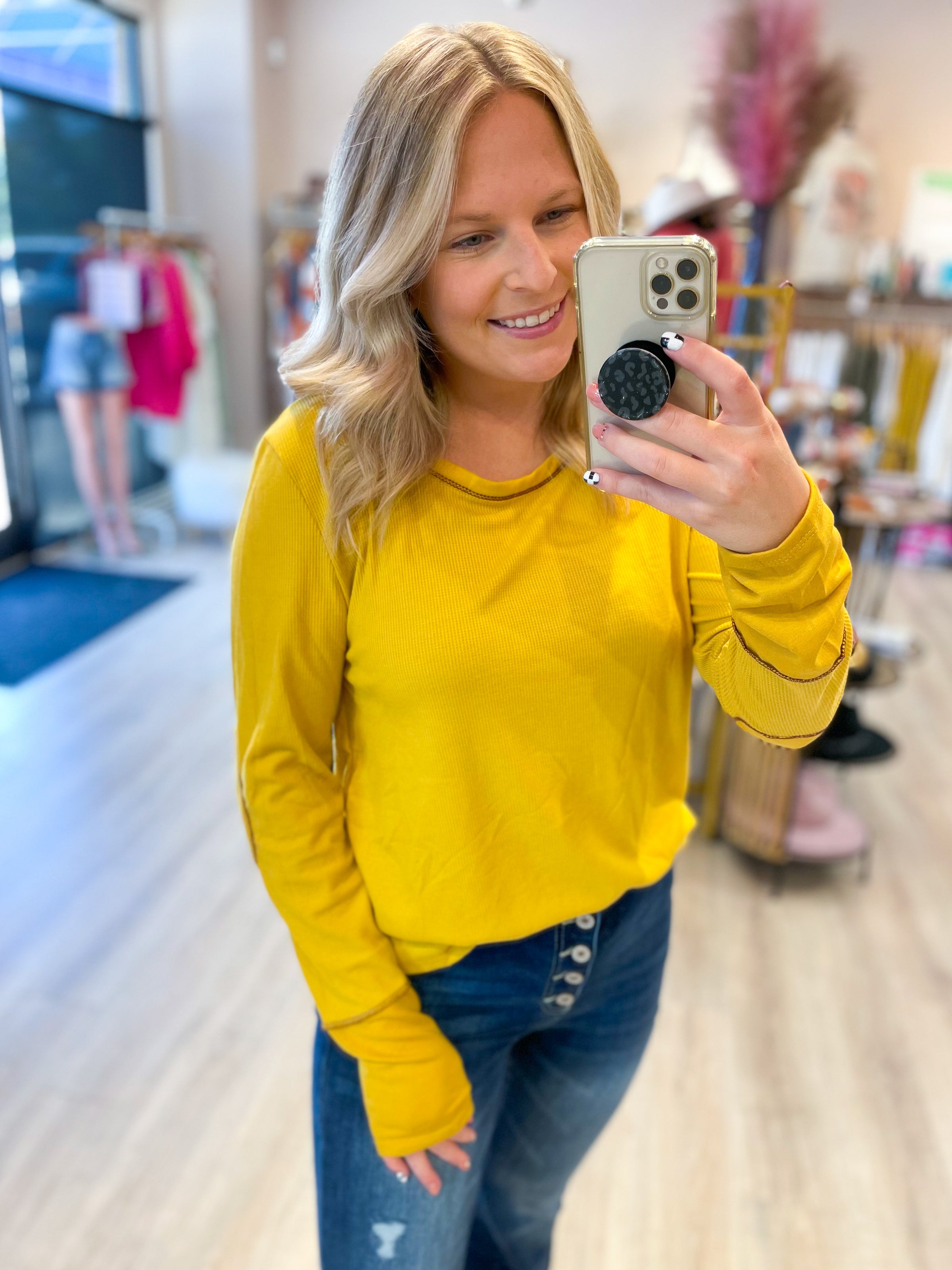 mustard thermal top with thumbhole and elbow patch