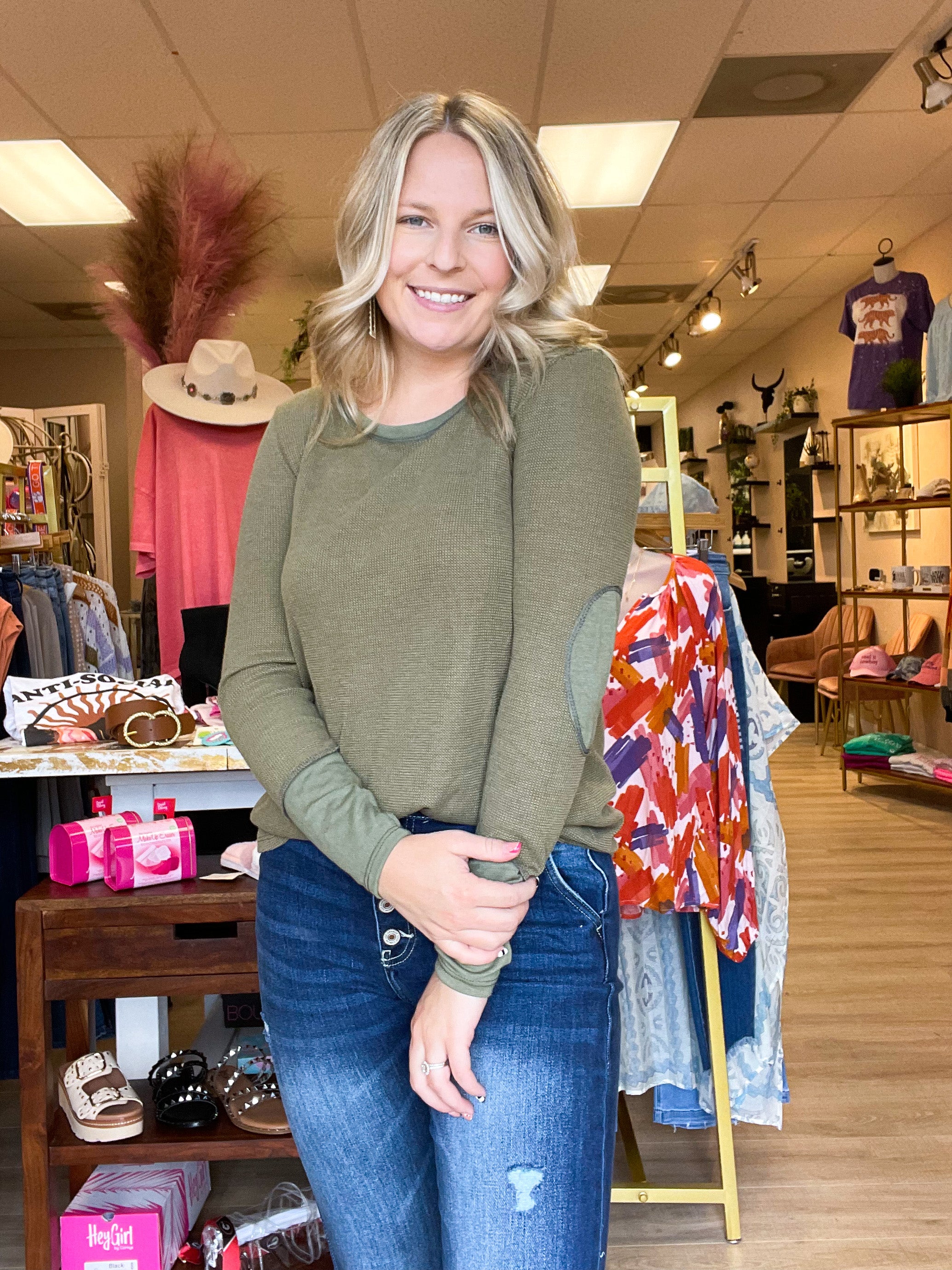 olive thermal top with thumbhole and elbow patches