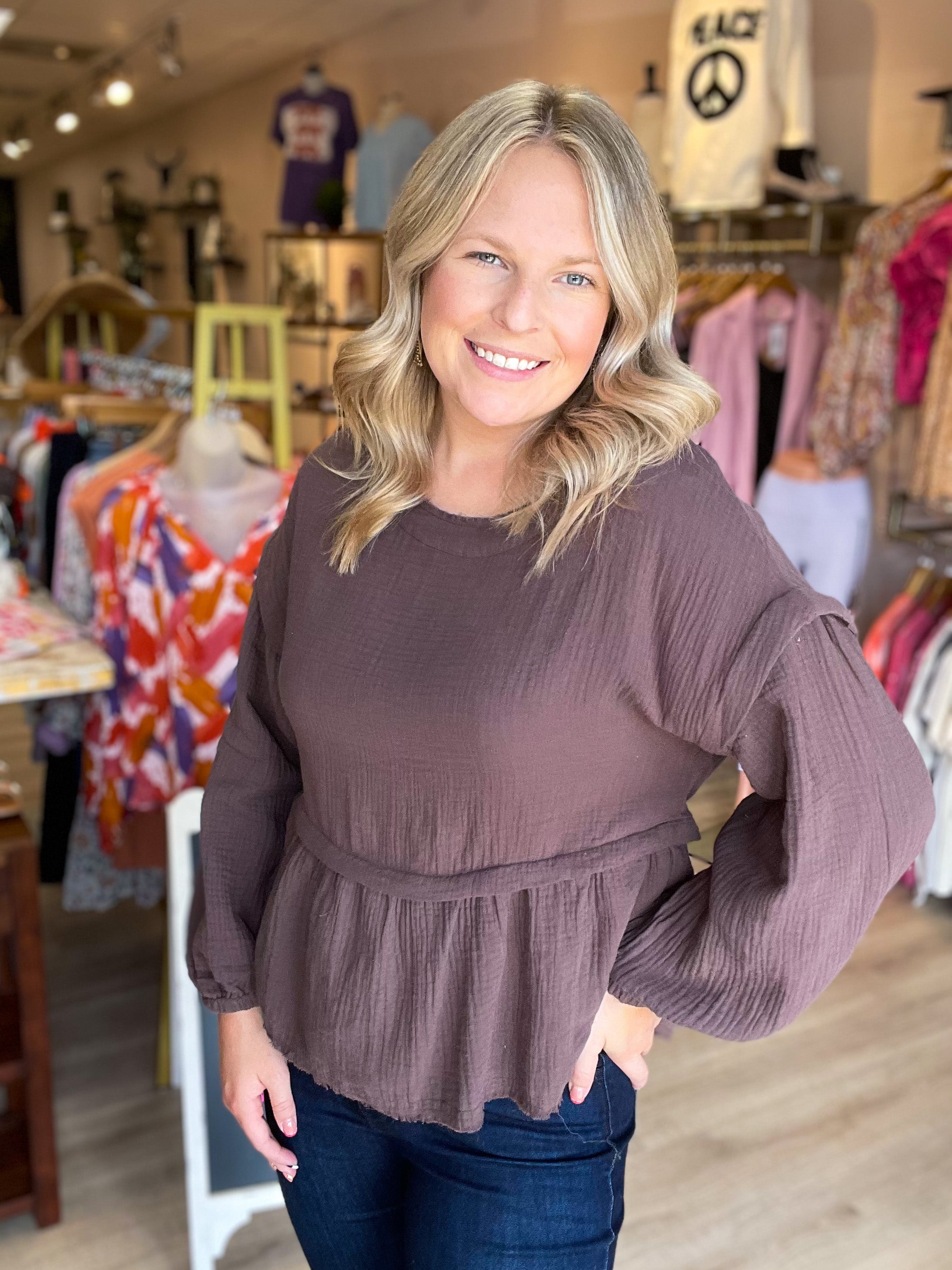 charcoal/brown babydoll style long sleeve top