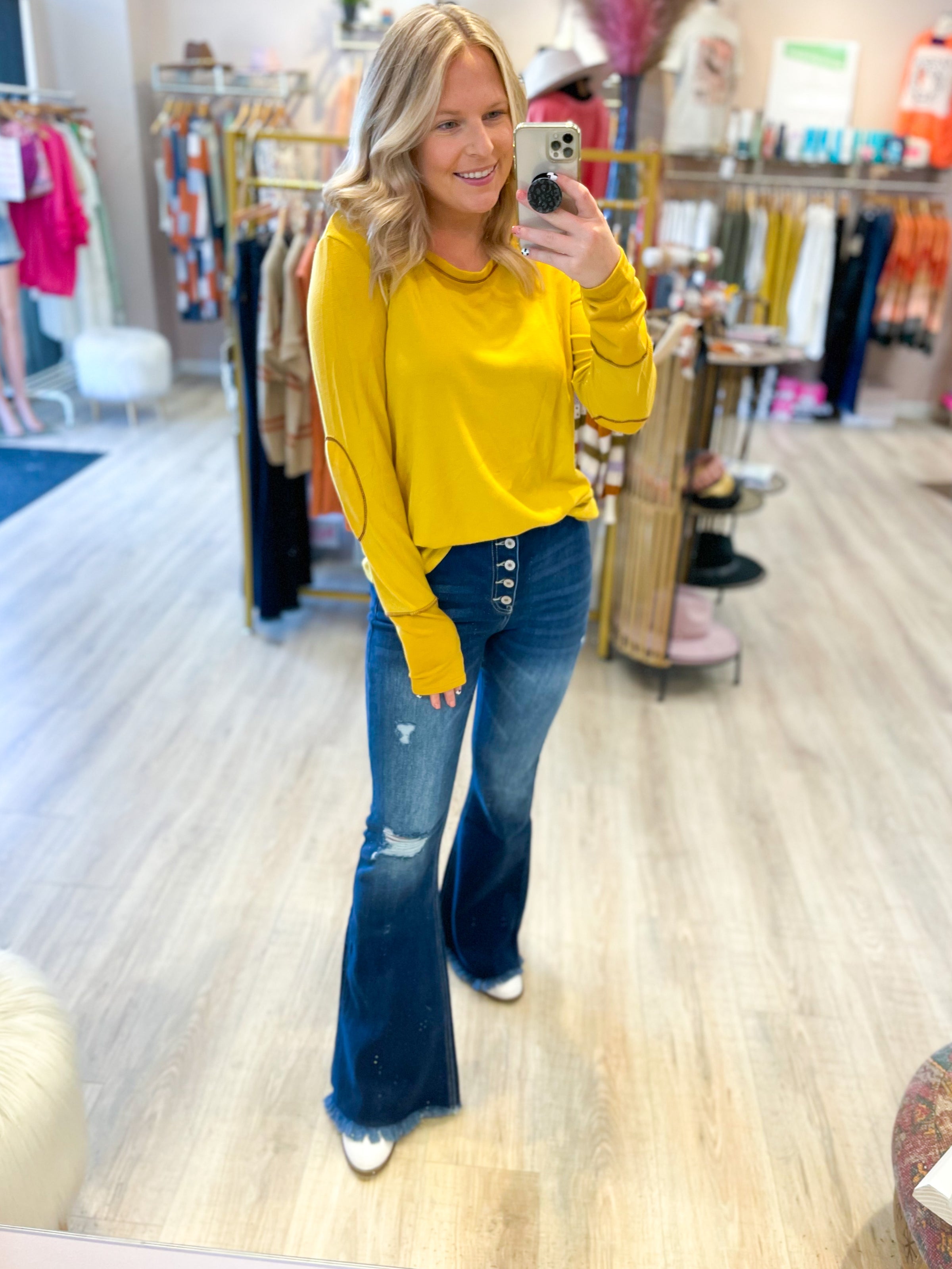 mustard thermal top with thumbhole and elbow patch