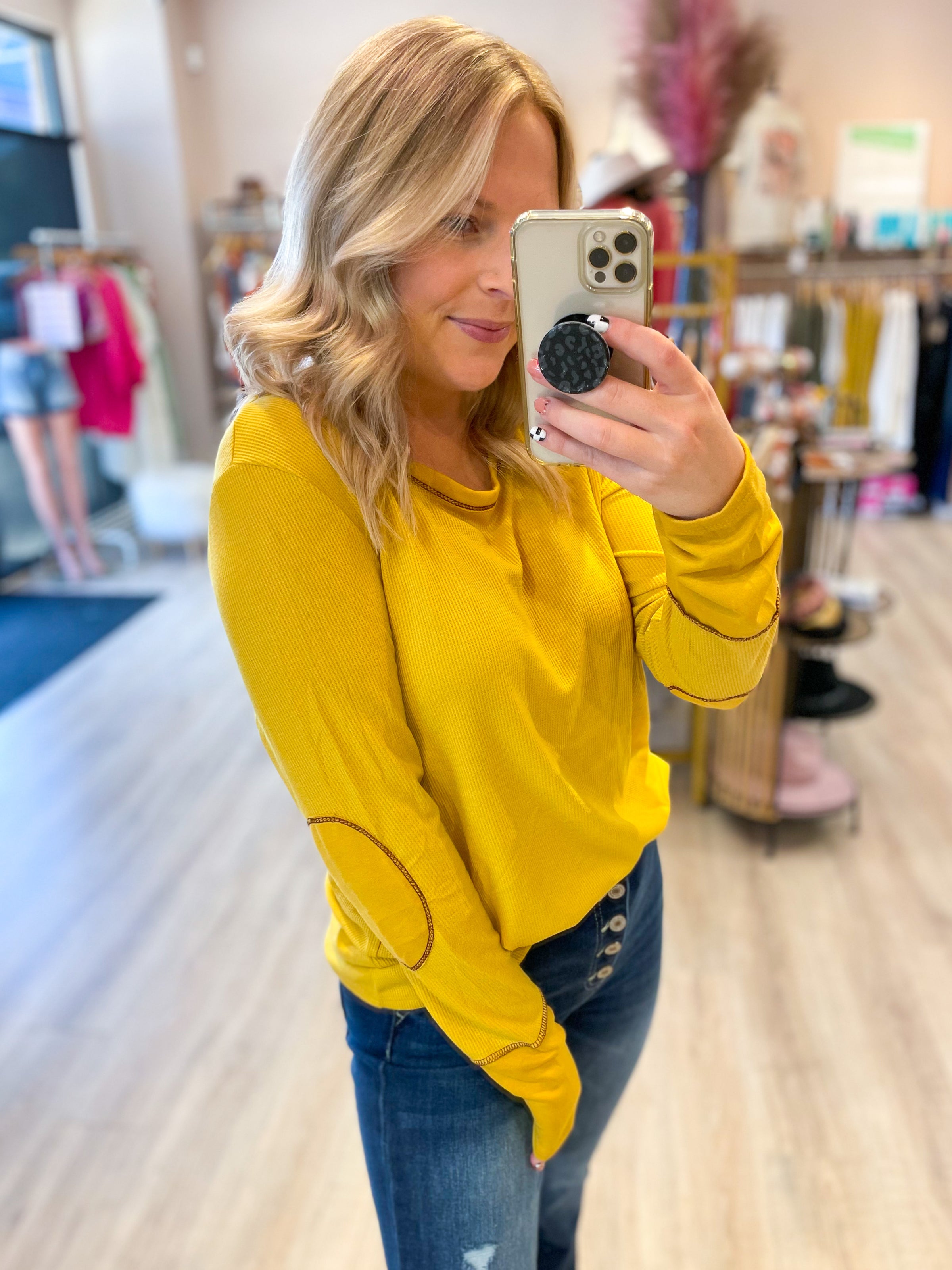 mustard thermal top with thumbhole and elbow patch