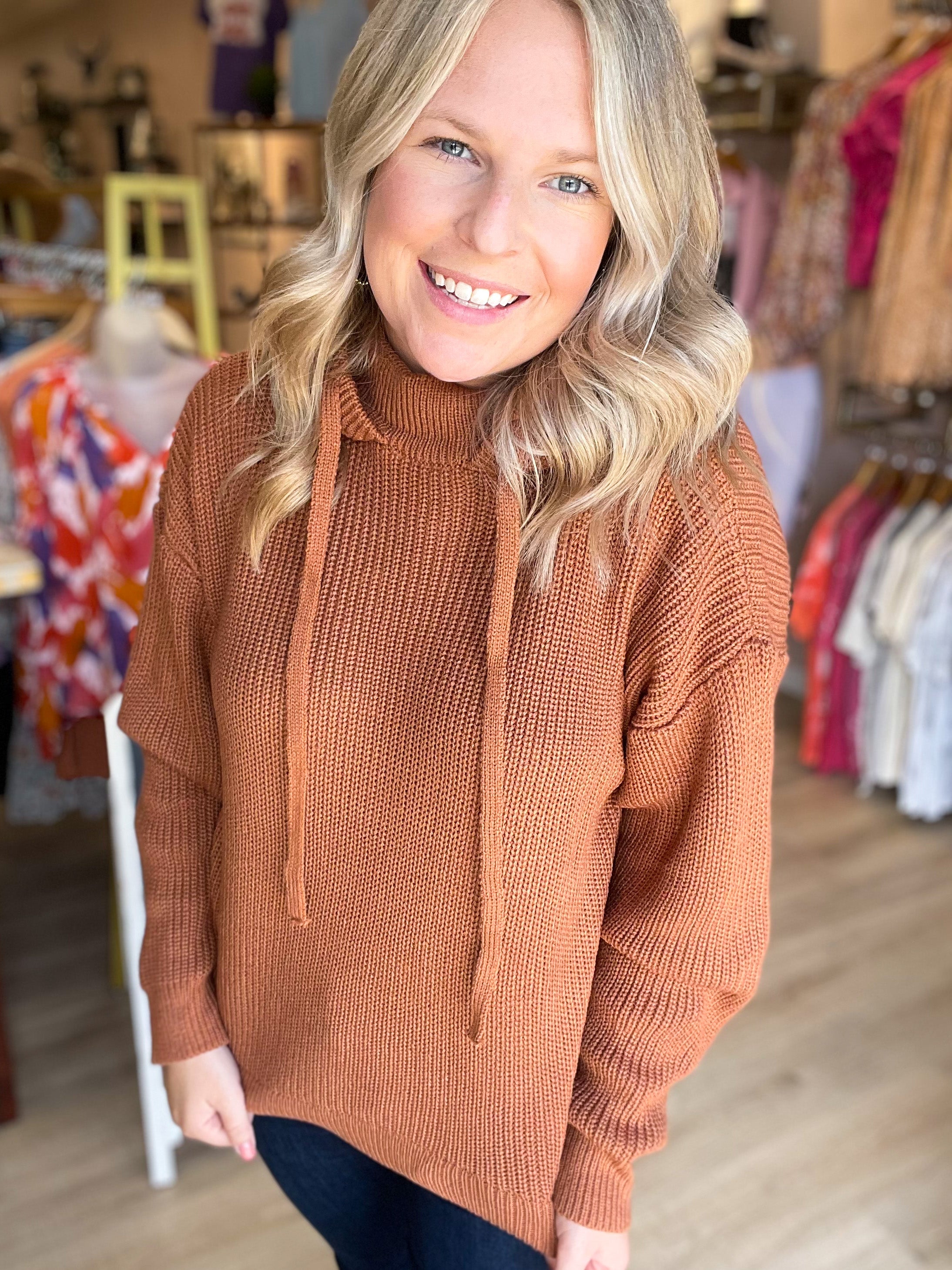 camel sweater with hood