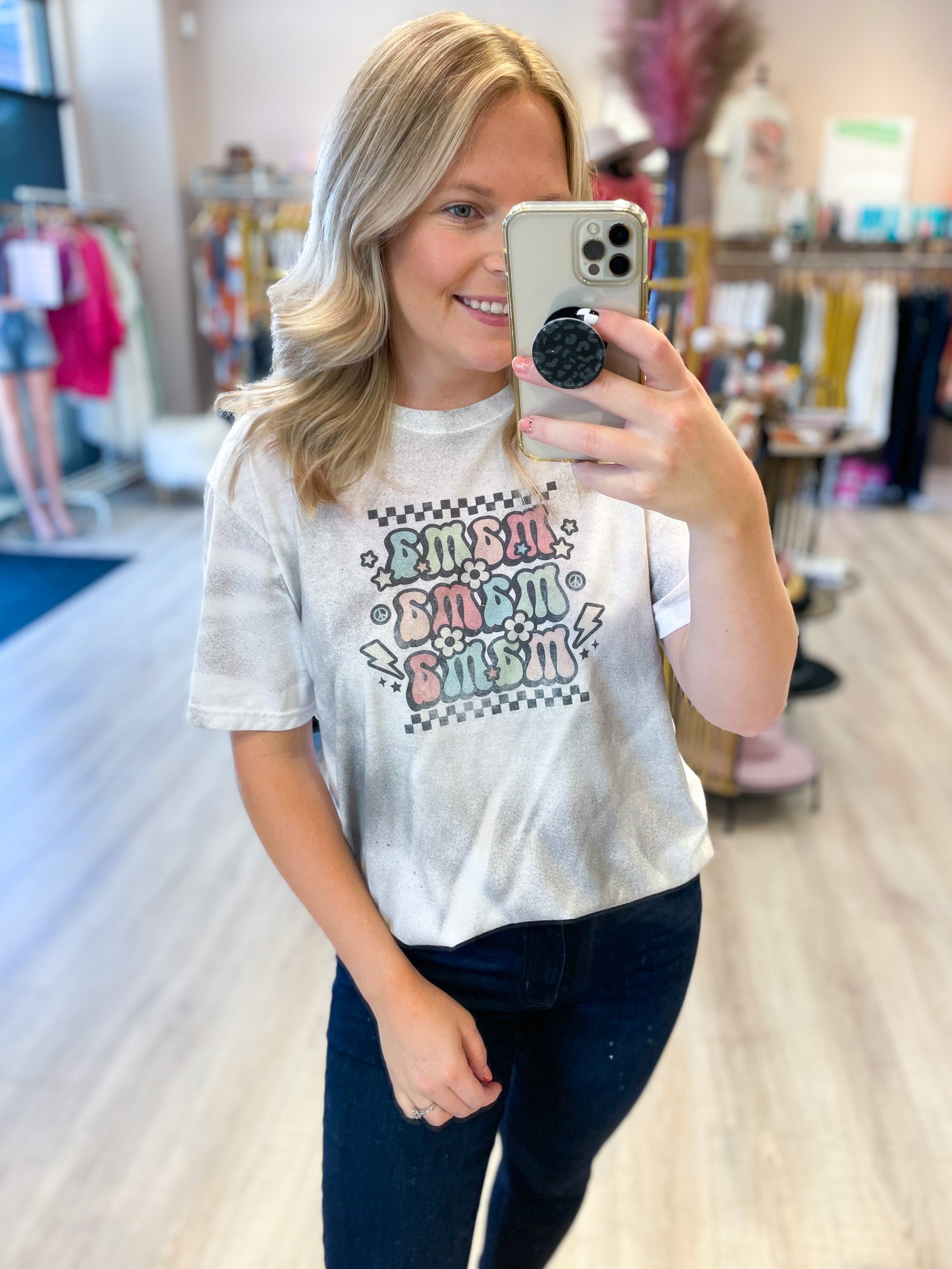grey splatter tee with mama repeated