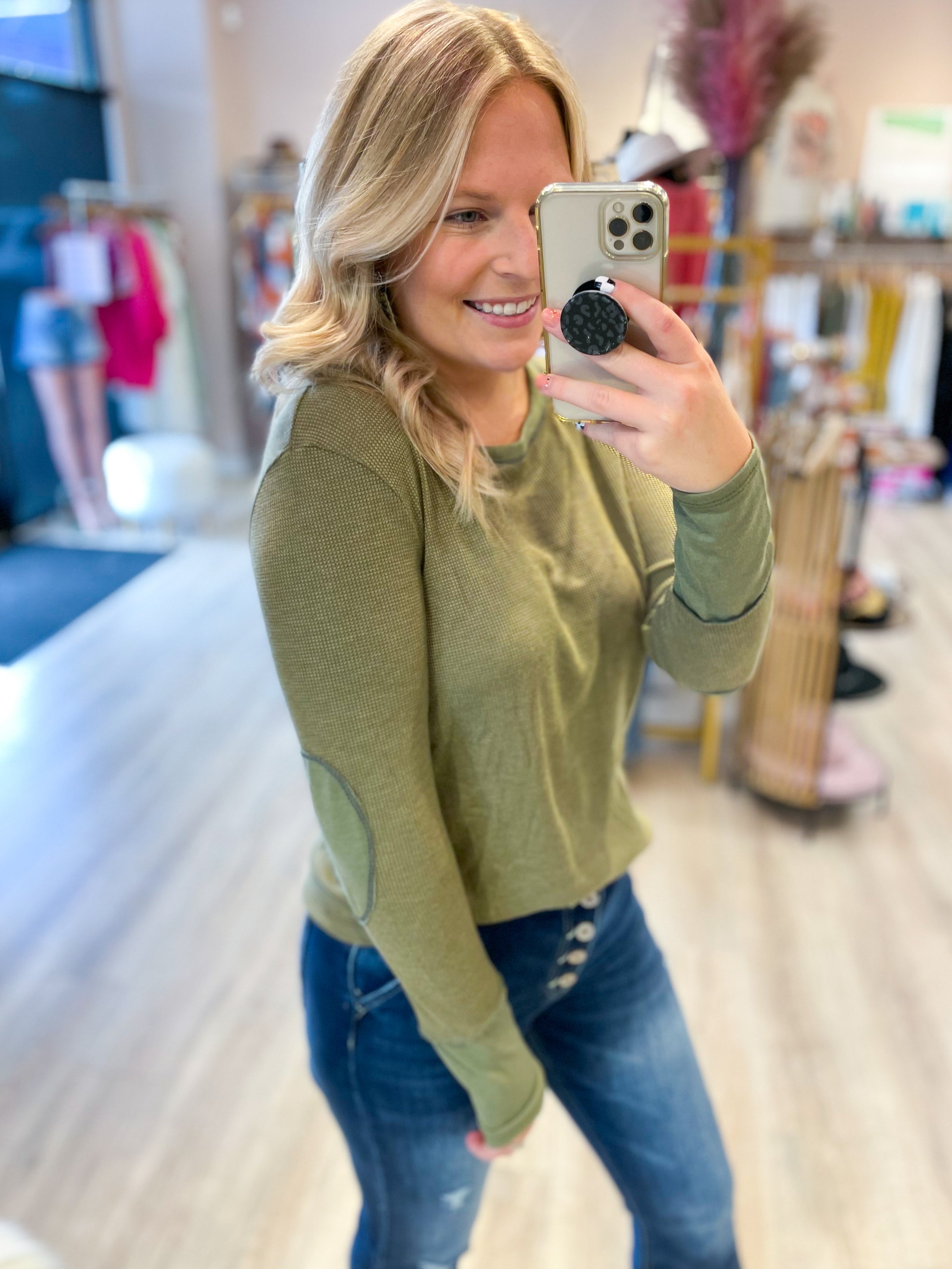 olive thermal top with thumbhole and elbow patches
