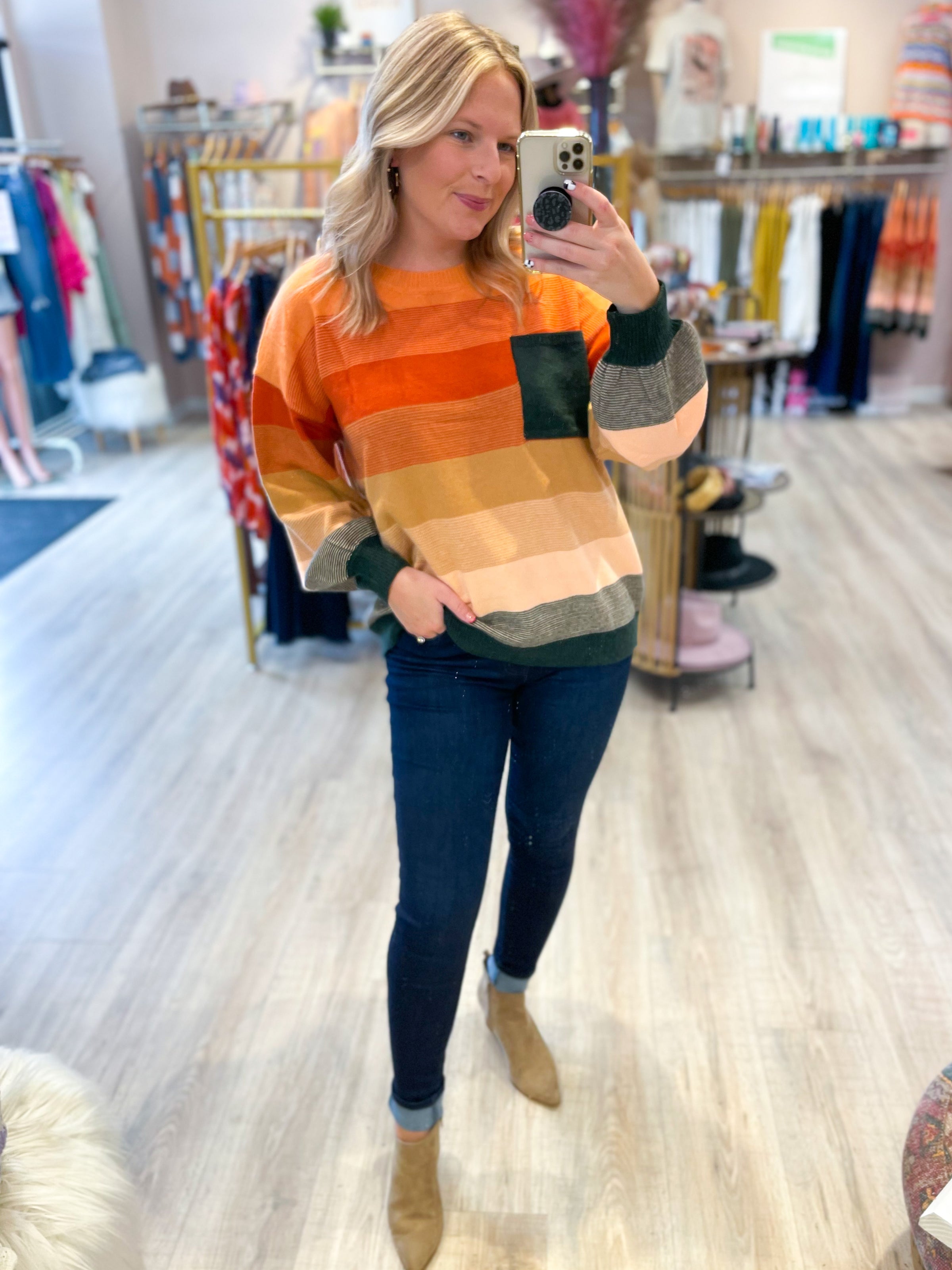 orange and hunter green striped sweater