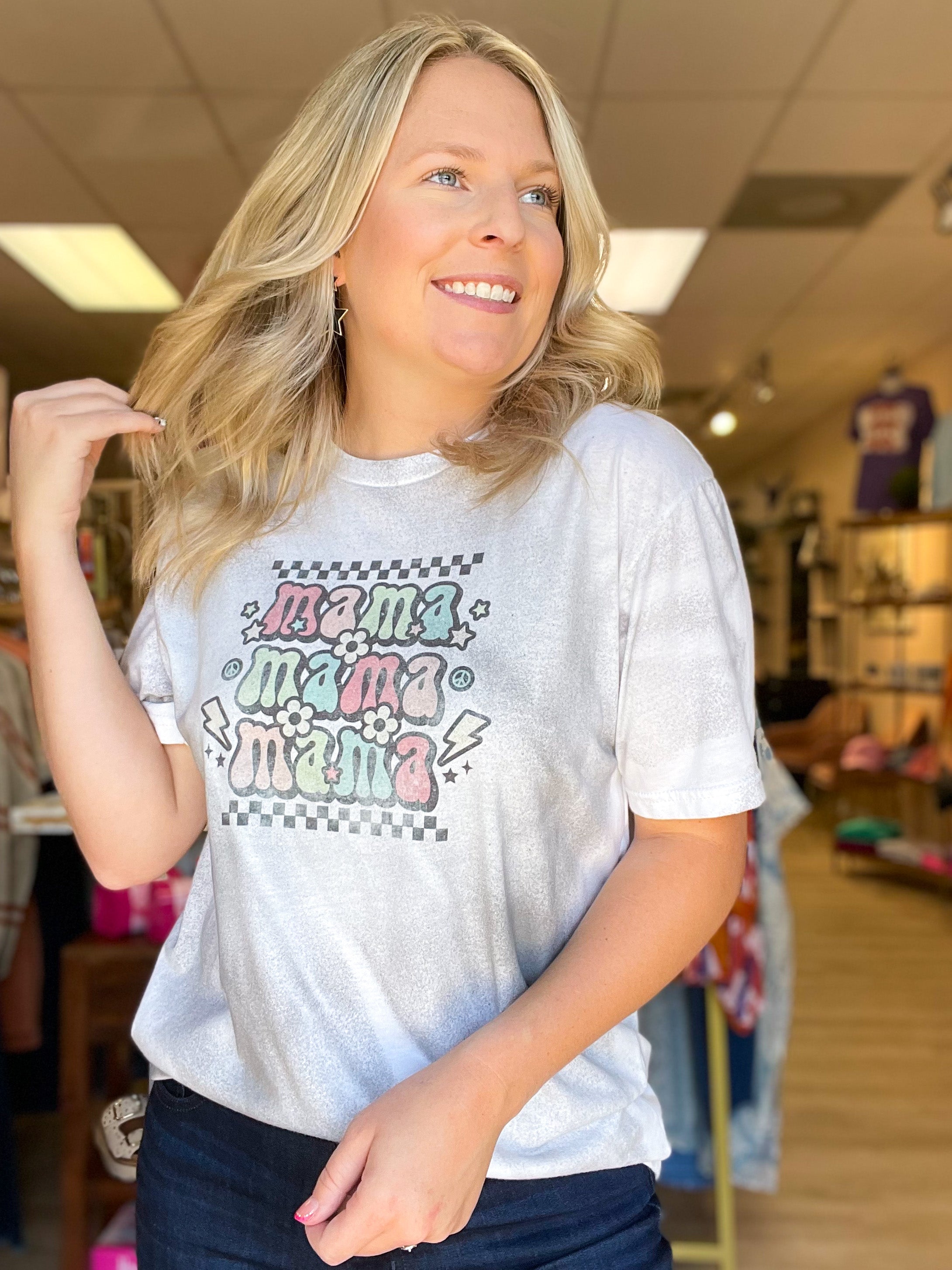 grey splatter tee with mama repeated