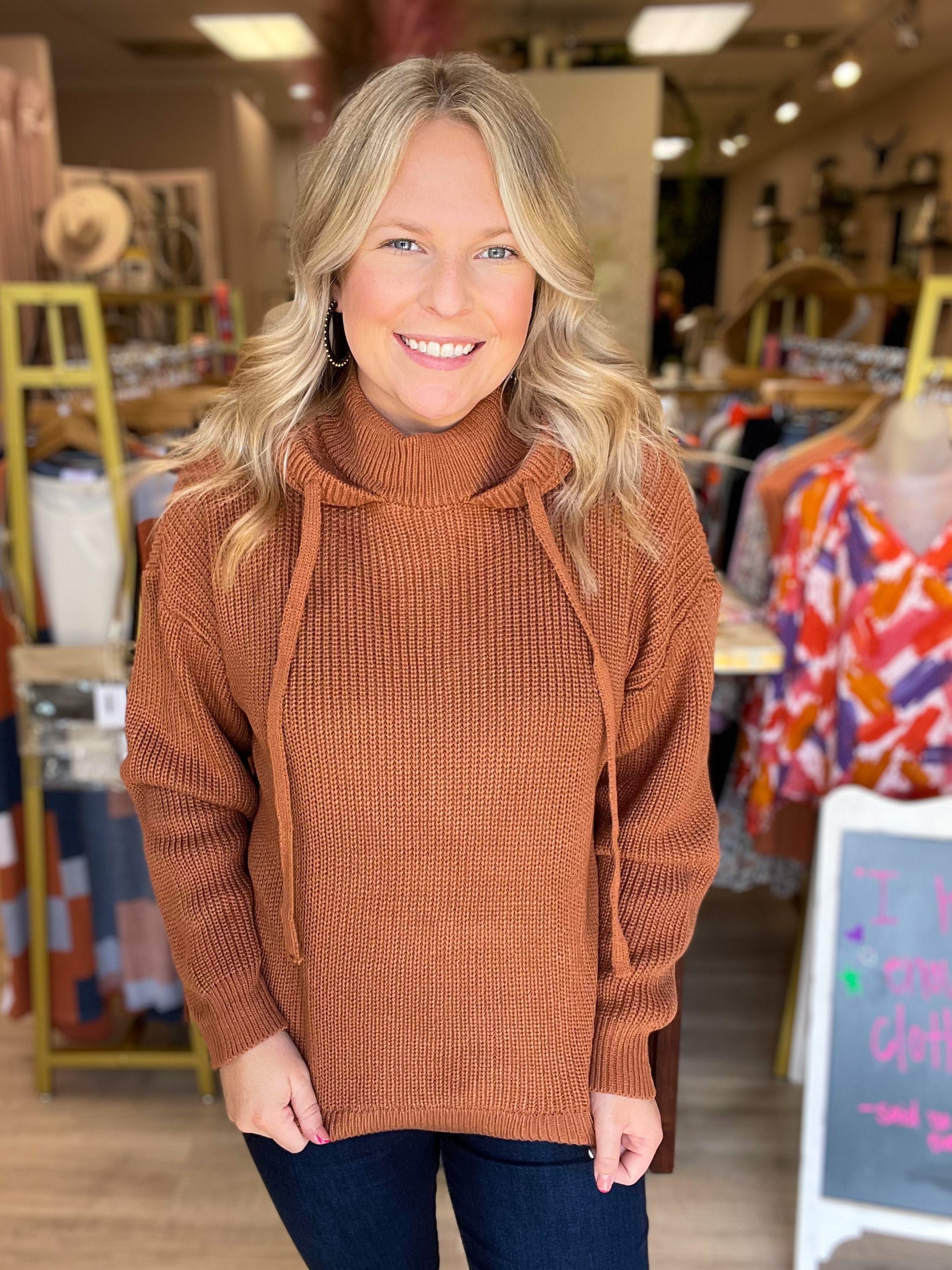 camel sweater with hood