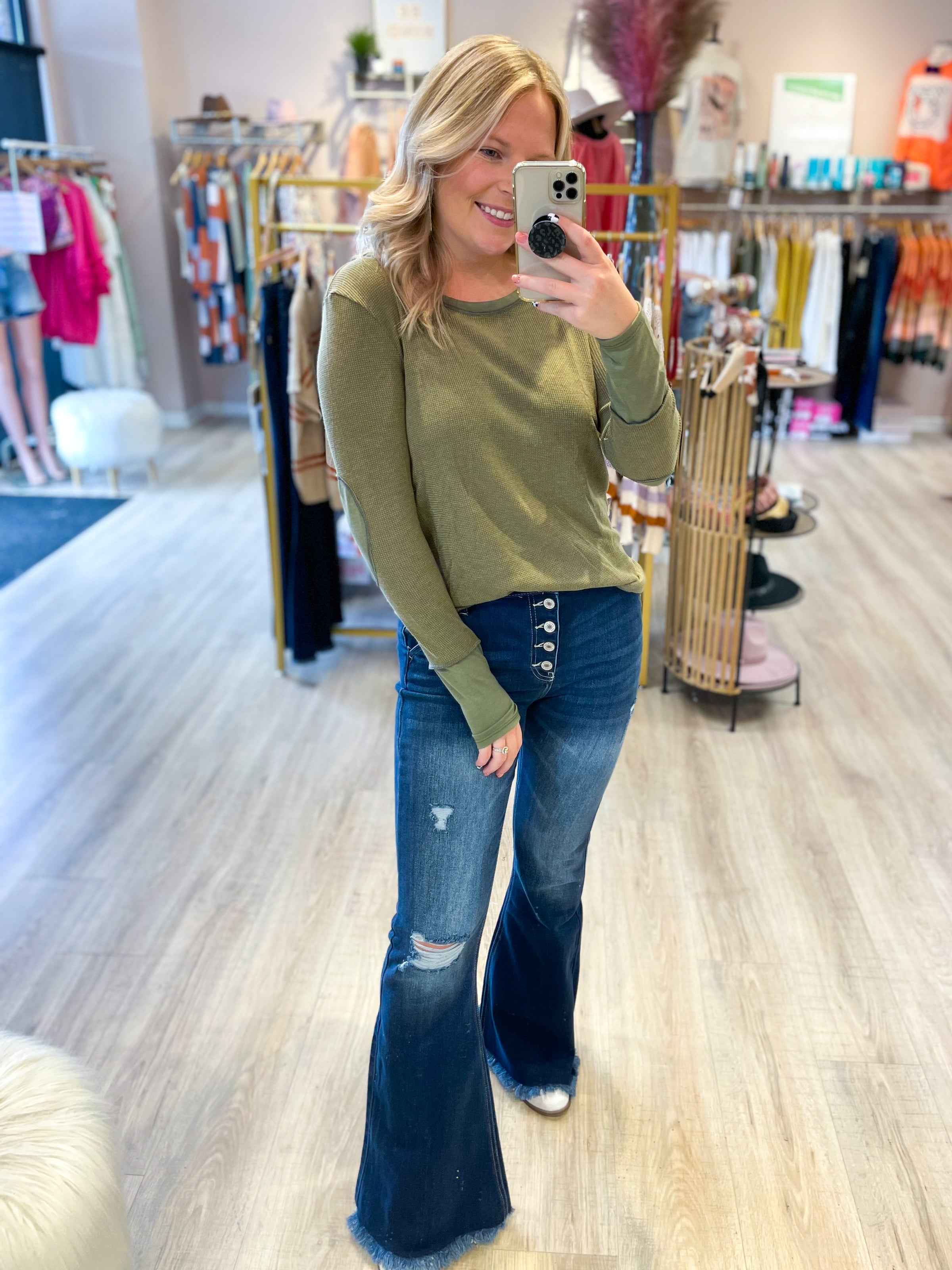 olive thermal top with thumbhole and elbow patches