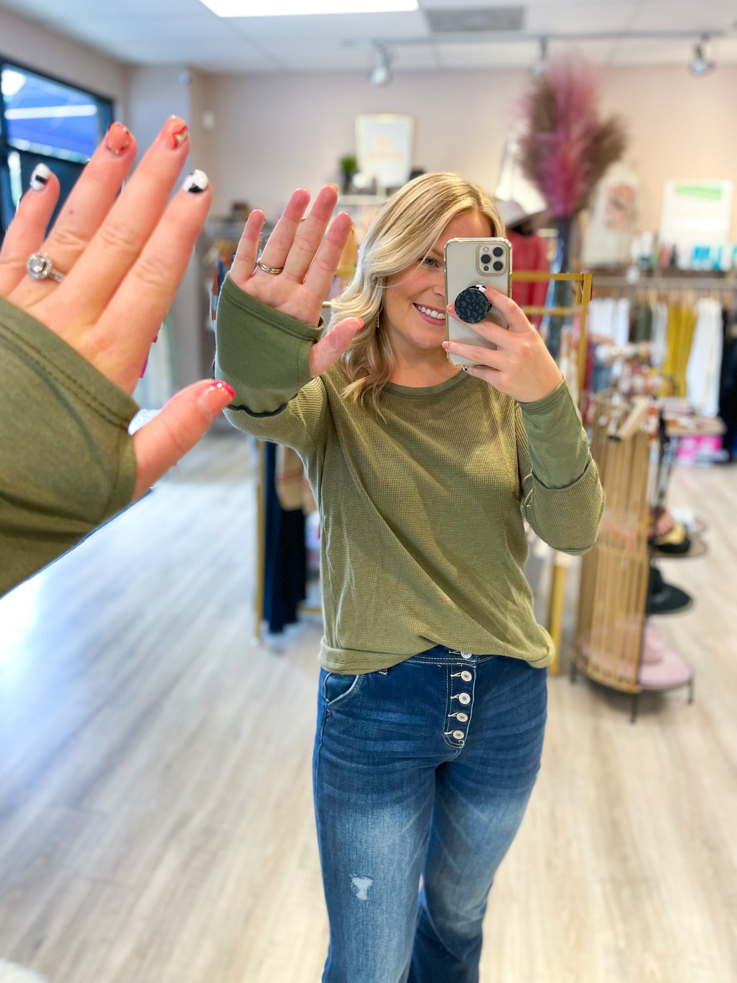olive thermal top with thumbhole and elbow patches