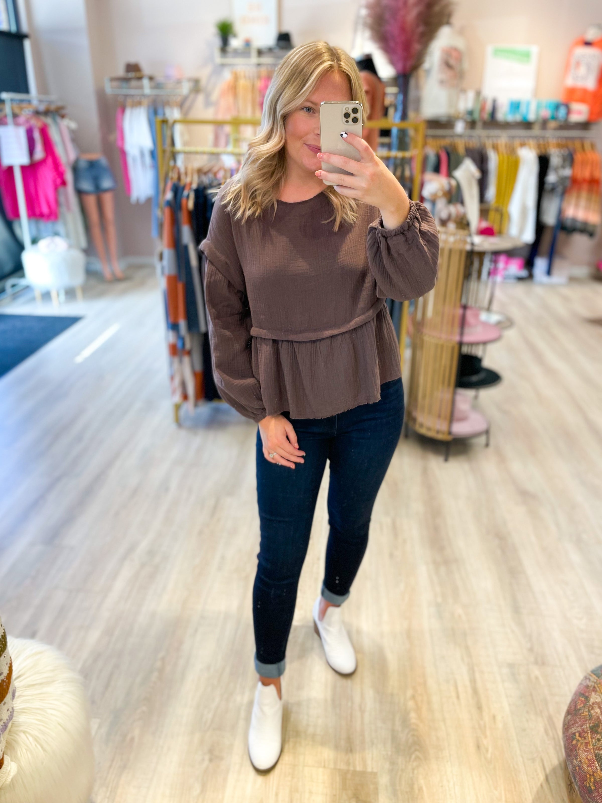 charcoal/brown babydoll style long sleeve top