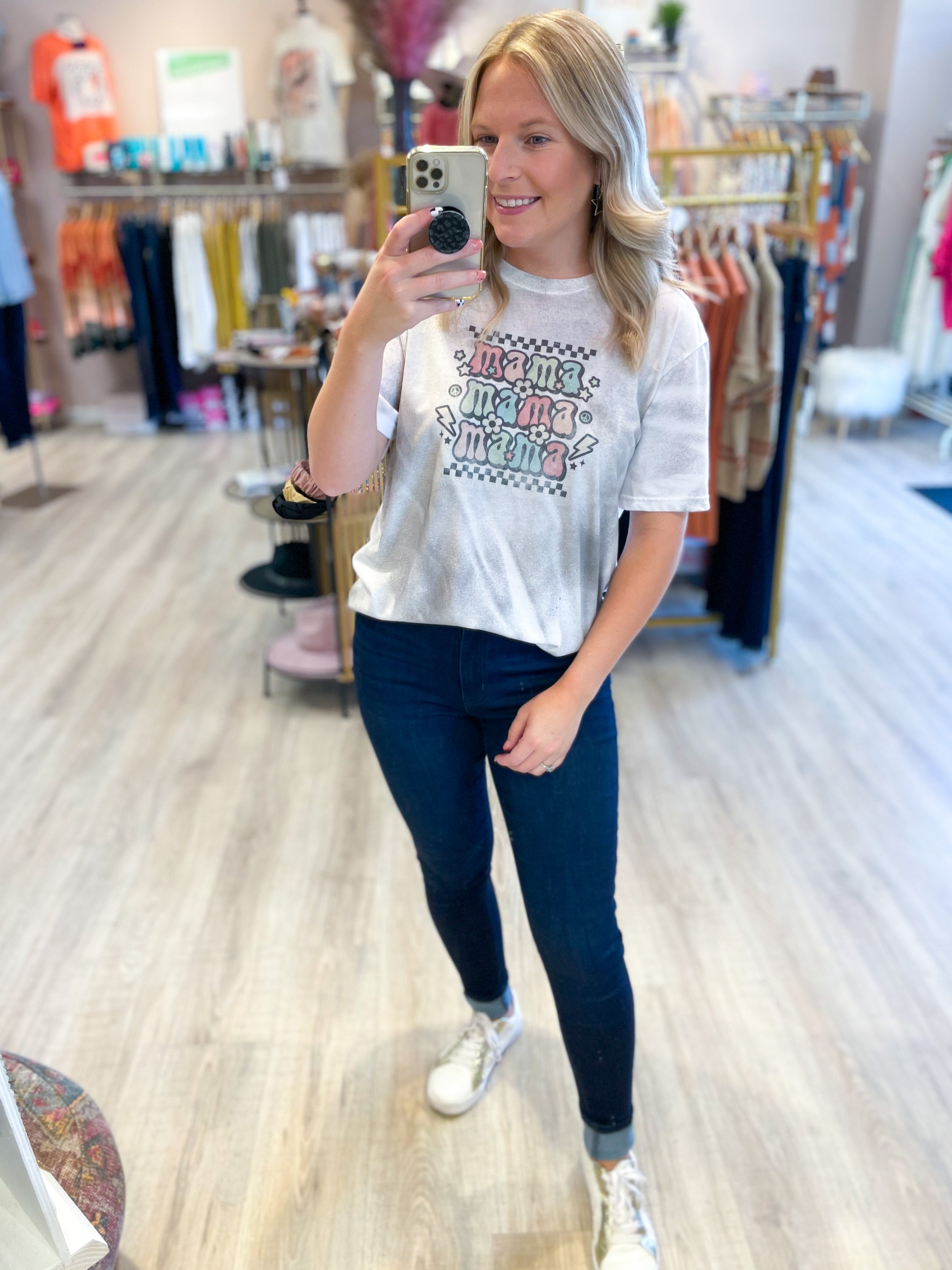grey splatter tee with mama repeated