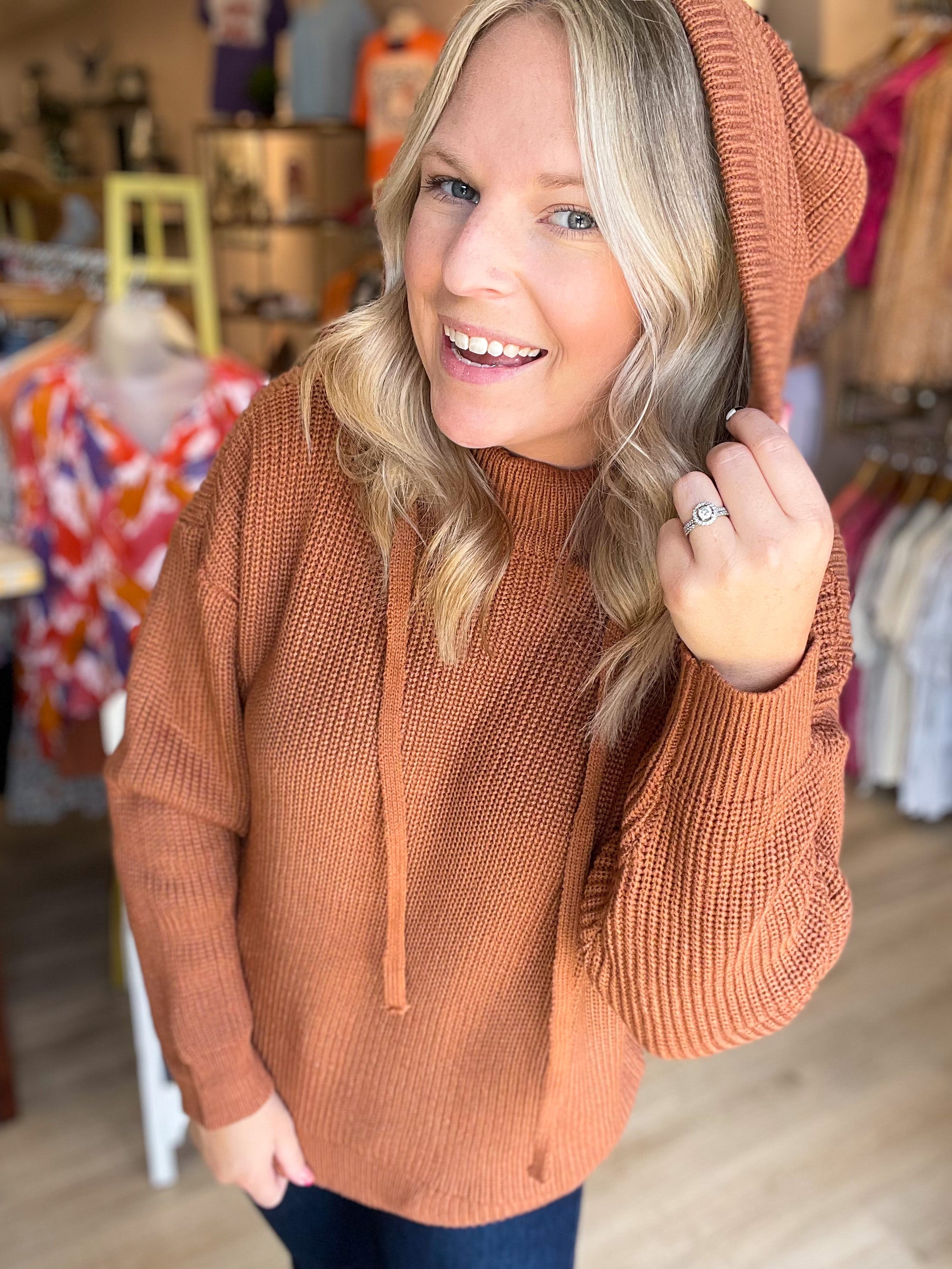 camel sweater with hood