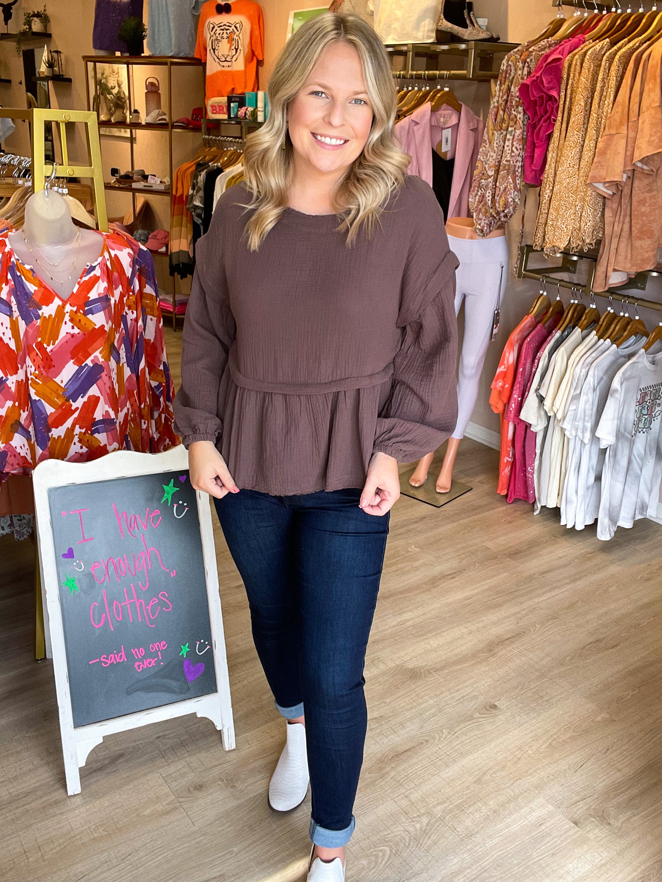 charcoal/brown babydoll style long sleeve top